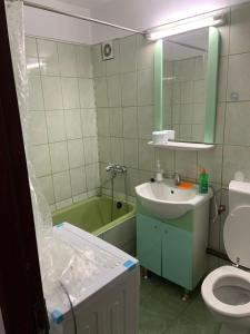 a bathroom with a sink and a toilet and a tub at Garsonieră Băile Govora in Prăjila +2 photos