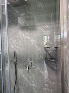 una doccia con porta in vetro e specchio di OLEA Family Apt with Garden a Dhërmi