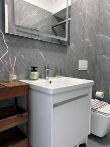 un bagno con un lavandino bianco e un water di OLEA Family Apt with Garden a Dhërmi