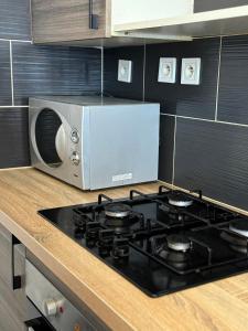 a kitchen with a stove top and a microwave at Townhouse 4 bedrooms 4 double beds in Anzin +14 photos