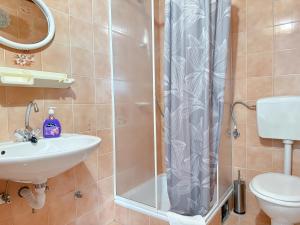 a bathroom with a shower and a sink and a toilet at House Ursić in Brela
