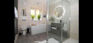 a bathroom with a shower and a sink and a toilet at Cosy & Comfortable in Birmingham