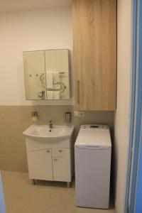 a bathroom with a sink and a toilet and a mirror at Baltic Apartments Premium in Palanga