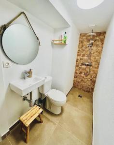 a bathroom with a toilet and a sink and a mirror at Casa Fidalgo in Santo António da Terrugem +14 photos
