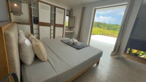 a bedroom with a bed and a large window at Private Pool Las Ballenas Villa in Las Terrenas +24 photos