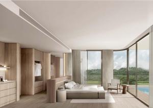 慕斯Viewpoint Khaoyai Hotel的一间带床和大窗户的卧室