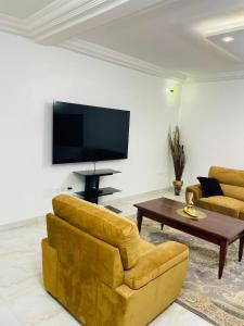 a living room with a couch and a tv at Mayna House in Dakar
