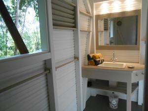 a bathroom with a sink and a mirror at Nati Lodge - Bungalow Guadeloupe in Bouillante