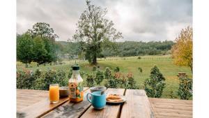 沃洛比The Big Wollombi Wanderer的一张桌子,上面放着一瓶橙汁和一盘食物
