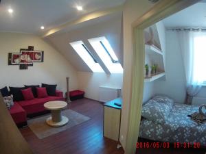 a living room with a bed and a couch at Apartament Koja in Mrągowo