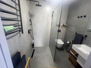 バトゥミにあるBlacksea apartamentのシャワー、トイレ、洗面台を備えたバスルーム +14枚の写真