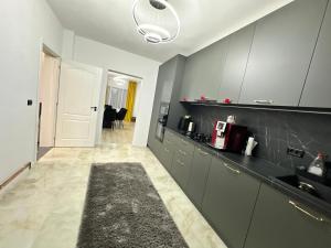 una cucina con armadi grigi e piano di lavoro nero di A&D House a Novaci-Străini