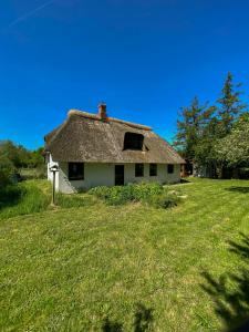 an old house with a thatched roof on a field at Thatched Cottage From 1877 On Langeland in Humble