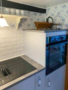 a kitchen with blue and white walls and a counter at Thatched Cottage From 1877 On Langeland in Humble +13 photos