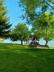 park z placem zabaw ze zjeżdżalnią i drzewami w obiekcie Mazurska Apartamenty w Rydzewie