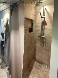 eine Dusche mit Duschvorhang im Bad in der Unterkunft Cabin With Views And A Large Terrace In Søgne in Søgne