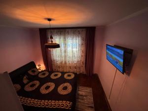 a bedroom with a bed and a flat screen tv at Ferienwohnung Violetta in Băile Herculane