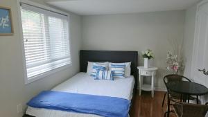 een slaapkamer met een bed met blauwe en witte kussens bij Beautiful Studio with Patio in Mississauga in Mississauga