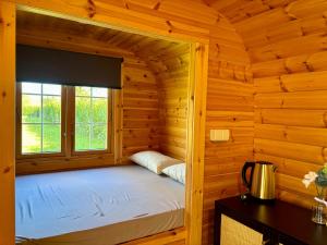 łóżko w drewnianym domku z oknem w obiekcie Camping Les Voiles Sur Grosne w mieście Savigny-sur-Grosne