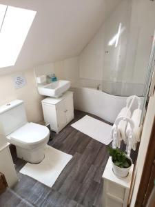a bathroom with a toilet and a sink and a tub at Cliff Cottage in Kyle of Lochalsh