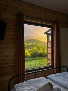 a bedroom with a large window with a view at Willow Tiny House - ElysianFields in Sadu
