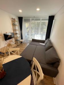 a living room with a bed and a couch at Preilos39 in Preila +31 photos