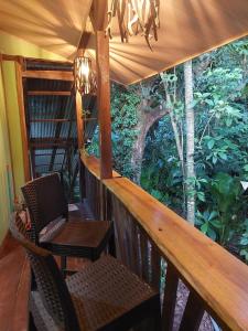 a porch with a chair and a tree at Chilamate Jungle View in Tortuguero +32 photos