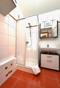 a bathroom with a shower and a sink at Ferienwohnung Sterngasse in Melk +17 photos
