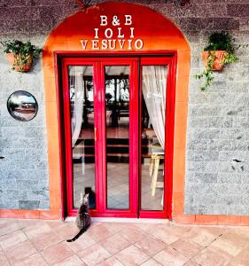 a cat sitting in front of a red door at B&B Iolì Vesuvio in Ercolano