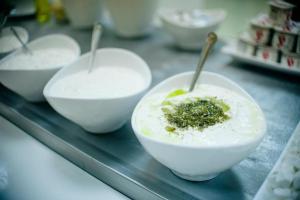 three bowls of food sitting on a counter at Ortal Glamping in Ortal