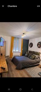 a bedroom with a bed and a desk and a television at Studio cosy in Villeneuve-sur-Lot