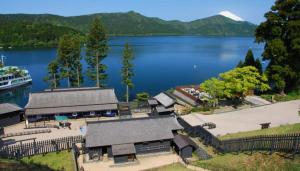 eine Luftaufnahme eines Gebäudes neben einem See in der Unterkunft 箱根 -桃源郷- 036h in Hakone