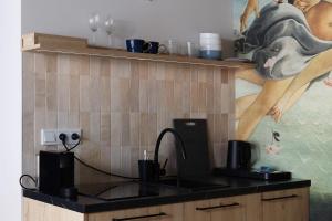 una cucina con un lavandino e un quadro sul muro di Hetman Main Square Apartments a Cracovia