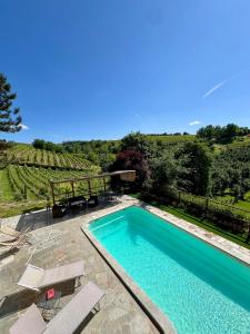a swimming pool with a view of a vineyard at Cascina Galarin in Castagnole Lanze