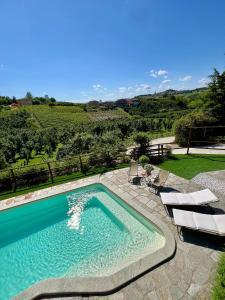 a swimming pool with a view of a vineyard at Cascina Galarin in Castagnole Lanze
