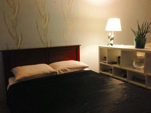1 dormitorio con 1 cama con lámpara y estante en Stylish Apartment in Old Town, en Sarajevo