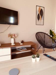 a living room with a tv and a chair at Rosa Viola in Corfu +11 photos