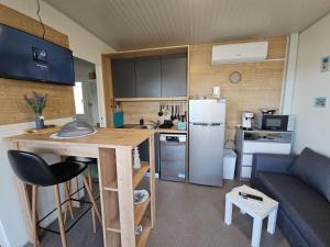 a small kitchen with a table and a refrigerator at Rock Mobile Home in Sveti Petar