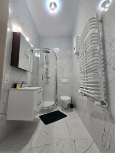 a white bathroom with a shower and a toilet at Art Apartment in Spała