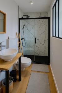 a bathroom with a toilet and a glass shower at La Demeure Marcquoise in Marcq-en-Baroeul +14 photos