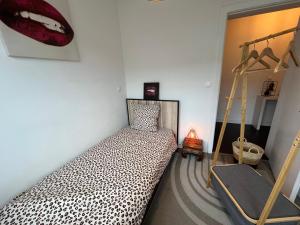 a bedroom with a leopard print bed and a ladder at « stef one « centre ville 2 chambres 3 voyageurs in Valenciennes