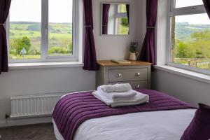 een slaapkamer met een bed met paarse lakens en ramen bij Brambly Cottage in Whitby