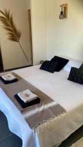a bed with two towels on top of it at Chez Katty in Régusse