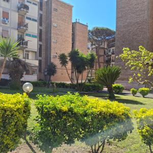 un parco con alberi e cespugli di fronte a un edificio di Casetta di Renata a Lido di Ostia Altre 16 foto