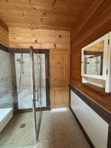 a bathroom with a shower and a glass shower stall at Duplex - forêt de Rambouillet in Gambaiseuil