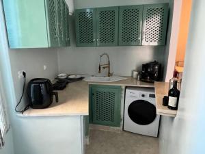 a kitchen with green cabinets and a washing machine at Cozy luxury apartment in the heart of Tunis in Tunis