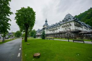 a large white building with a park in front of it at Hotel Central in Călimăneşti
