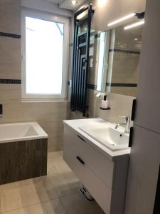 a bathroom with a sink and a tub and a mirror at Zielone Stablowice Wrocław in Wrocław +14 photos