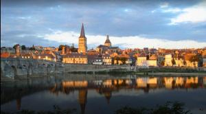 a view of a city with a river and buildings at Studio Bardin in La Charité-sur-Loire