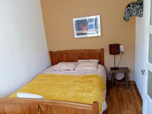 Appartement cozy au coeur d' Annecy في أنِسي: غرفة نوم عليها سرير مع بطانية صفراء